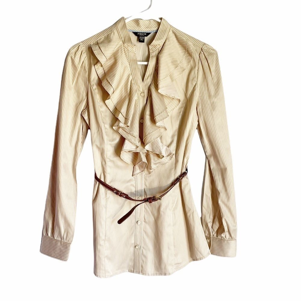 Prich Pride & Rich Striped Belted Ruffle Blouse L